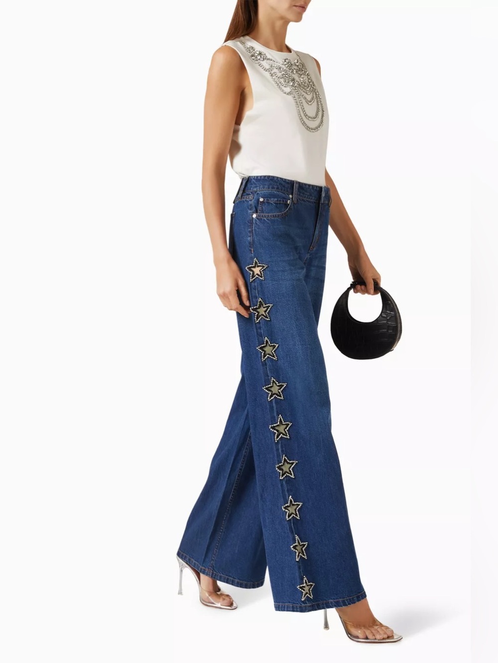 Alice + Olivia Wide Leg Star-Embellished Blue Denim Jeans size 27 Like New - Picture 2 of 10